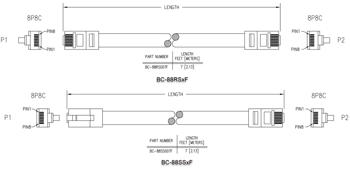Mechanical Drawing - Bel BC-88 RJ45 Patchcord Cables Mechanical Drawing - Bel BC-88 RJ45 Patchcord Cables